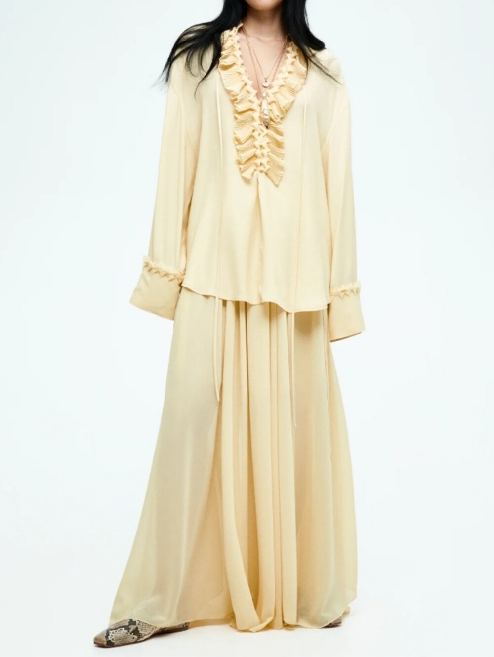 H&M S/S 2025 The STUDIO Set Ruffled Tunic XS + Chiffon Circle Maxi Skirt Sz 6